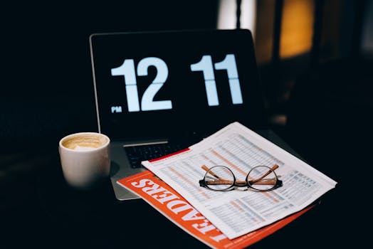 A desk setup featuring a laptop, coffee cup, papers, and glasses in a business environment.