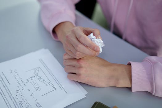 Close-up of a student's hands holding crumpled paper next to exam sheets on a desk.